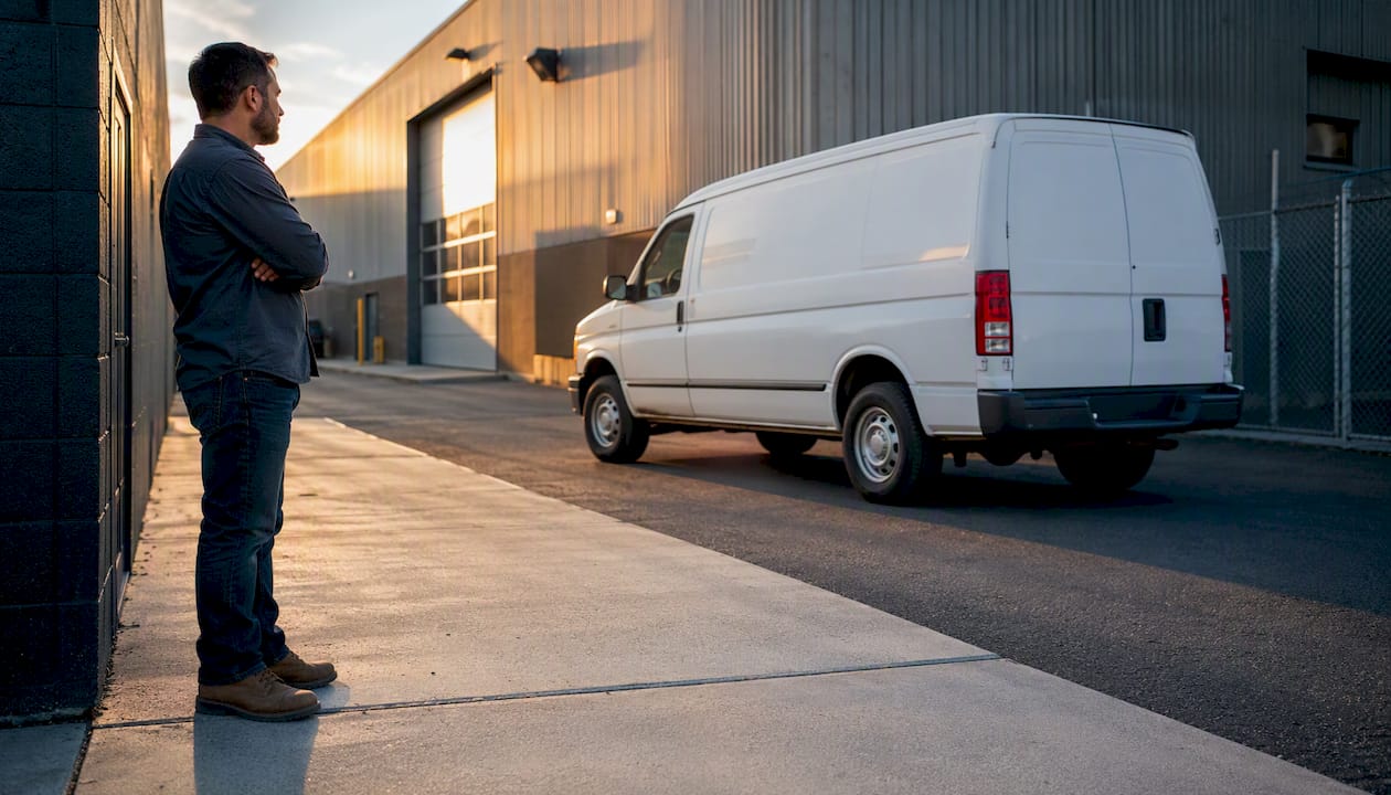 Business owner watching HVAC service vehicle