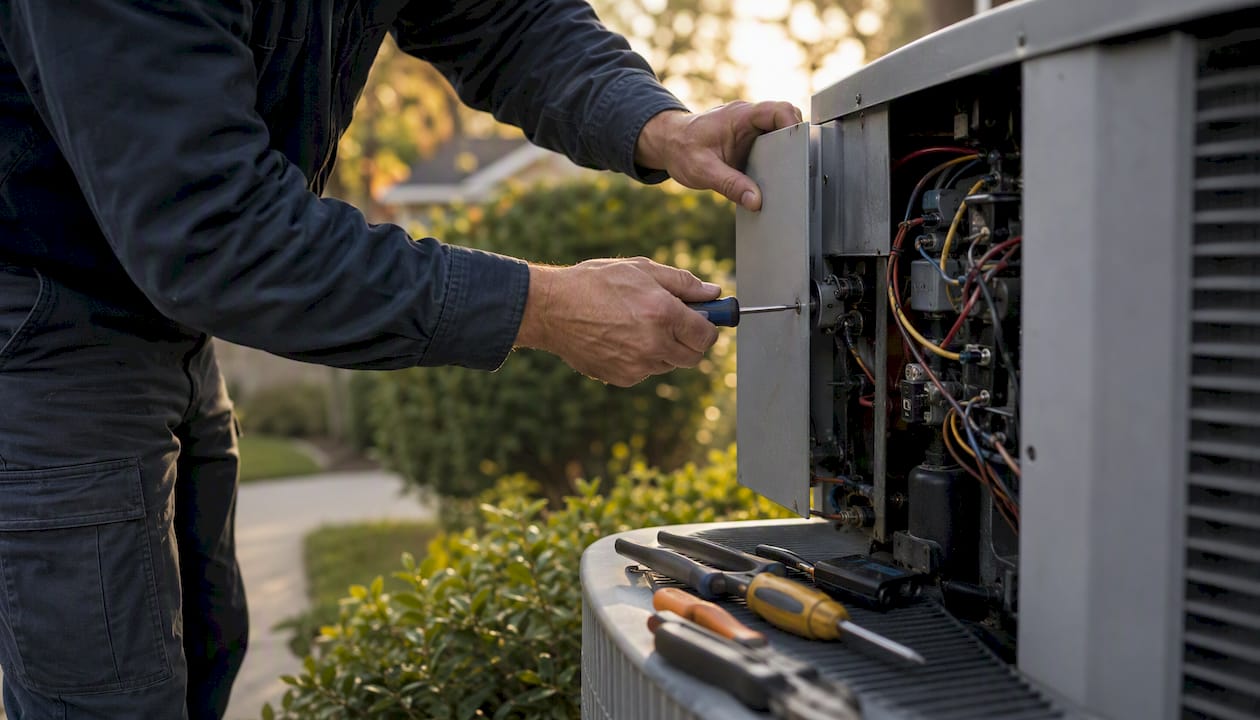 Technician performing maintenance on HVAC unit
