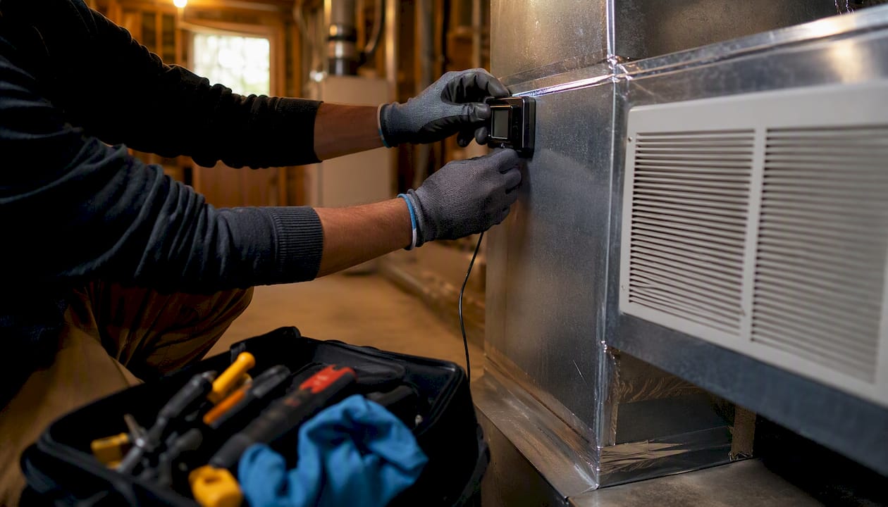 Technician measuring temperature differential on HVAC duct