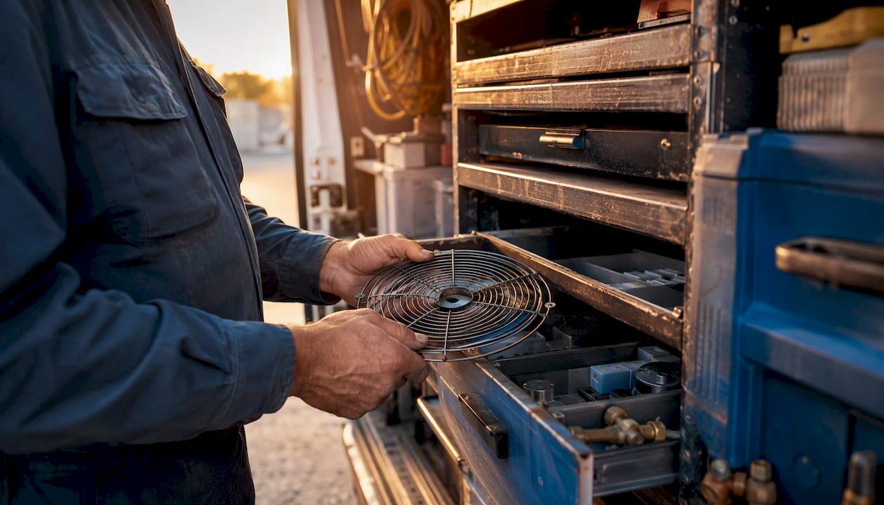 Technician hands picking parts from truck box