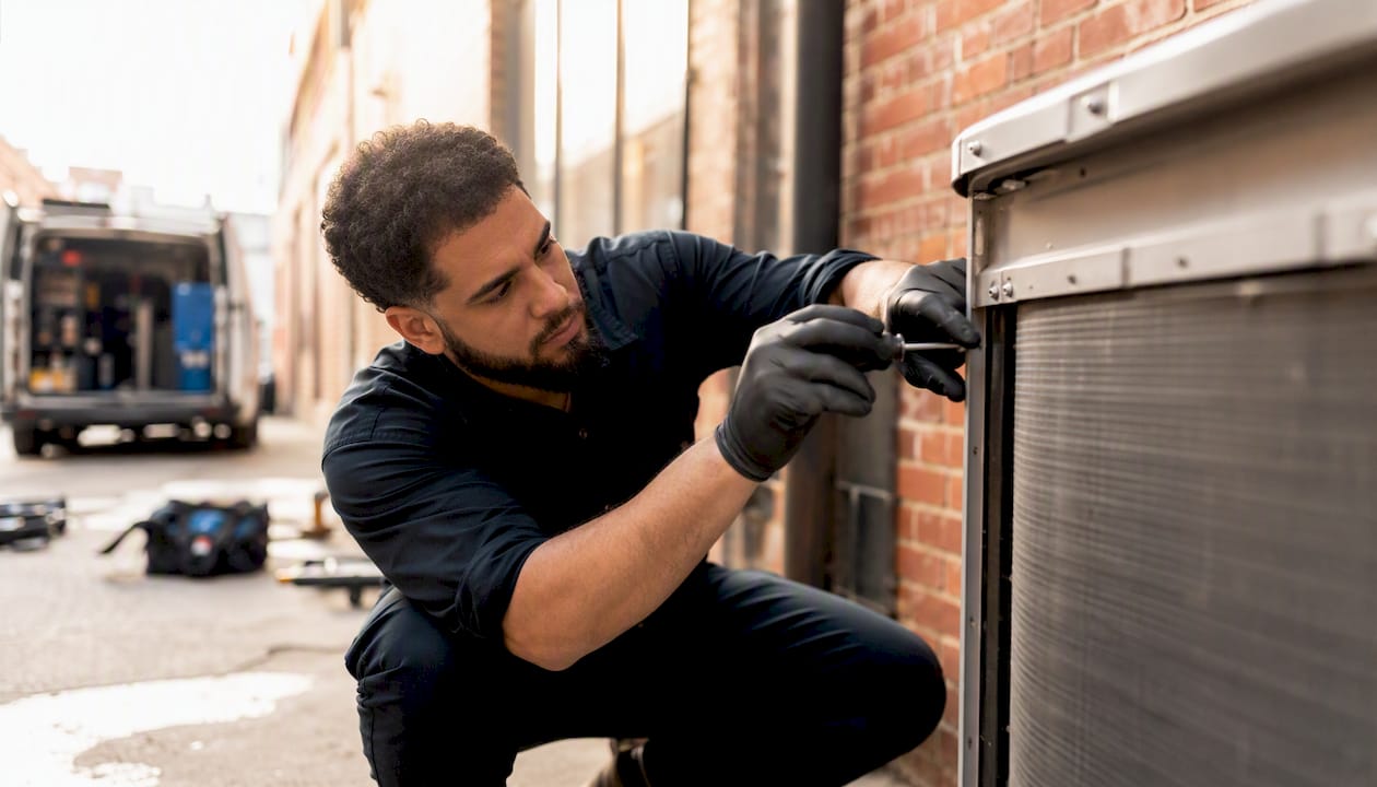 Technician replacing HVAC condenser coil