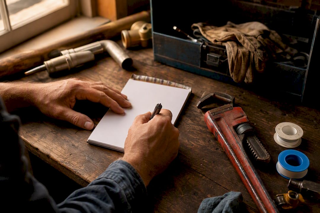Plumber calculating job costs with tools
