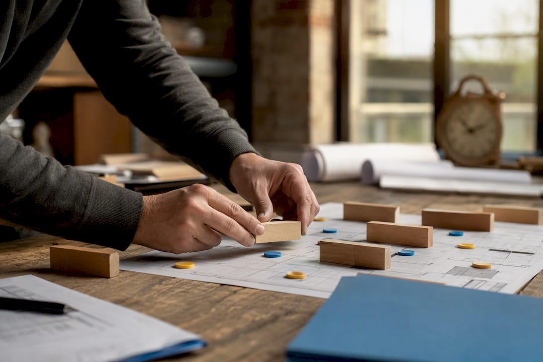 Hands arranging strategy blocks on table