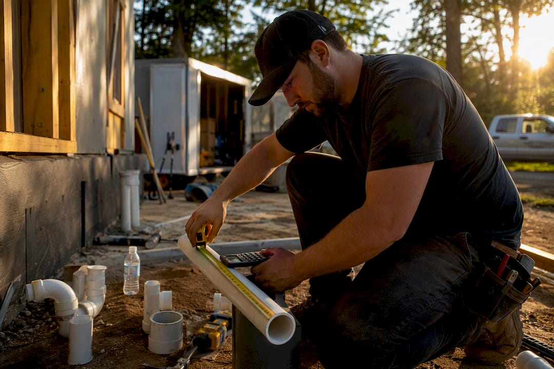 Hands measuring pipes for job onsite quote