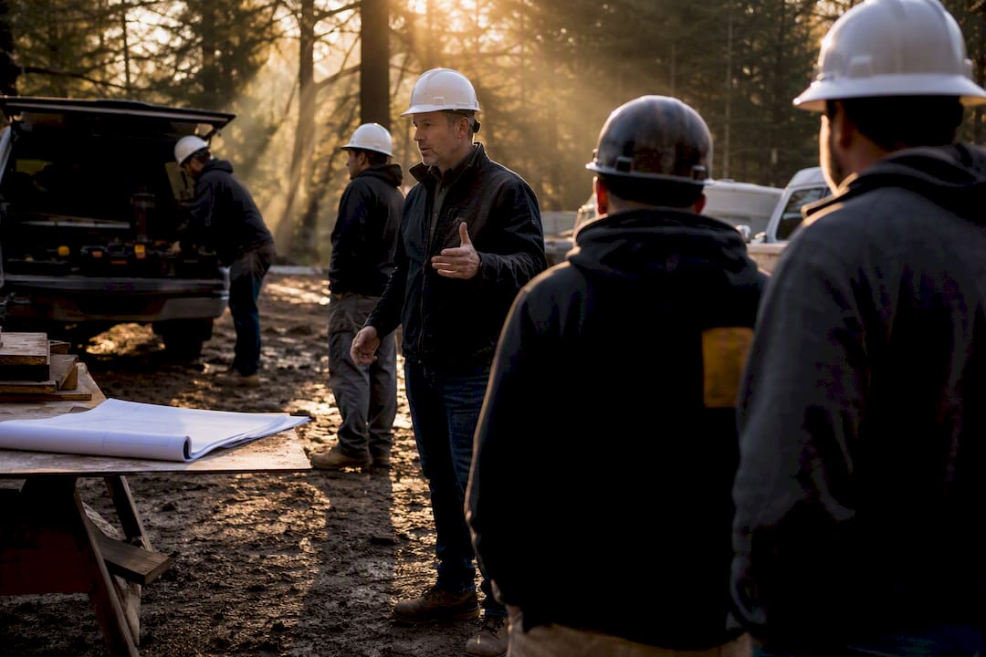Manager briefing crew at jobsite morning meeting