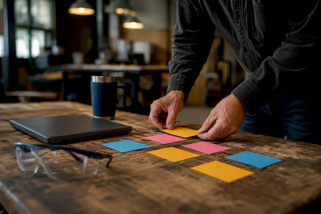 Hands arranging index cards for action plan