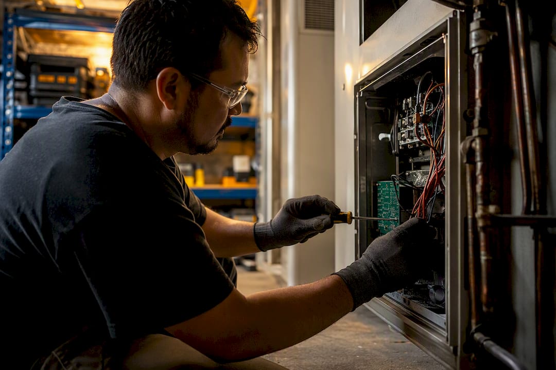 Technician hands adjusting HVAC air handler
