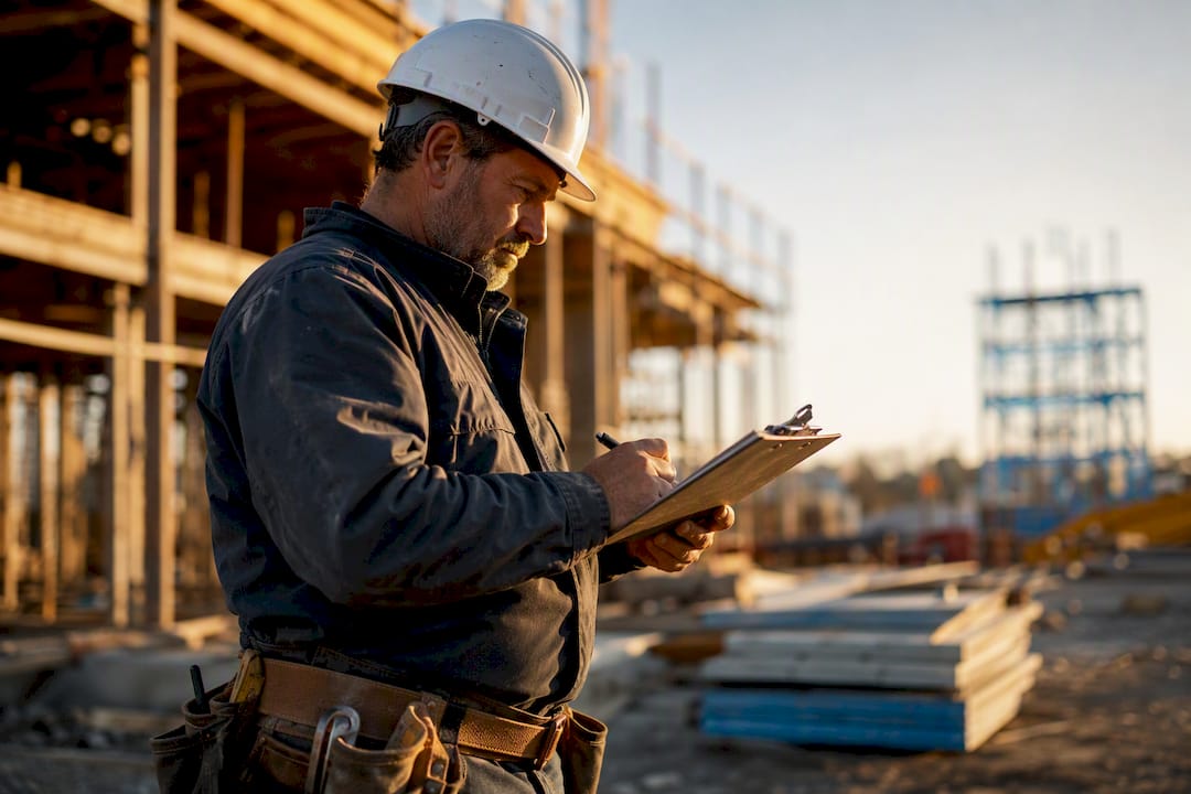 Foreman checking change order log on clipboard