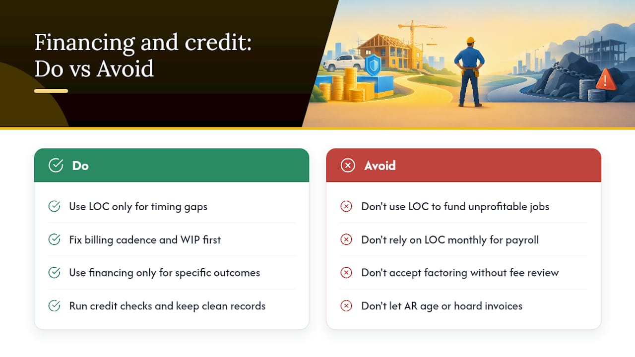 Financing options and credit management for contractor cash flow — overview diagram