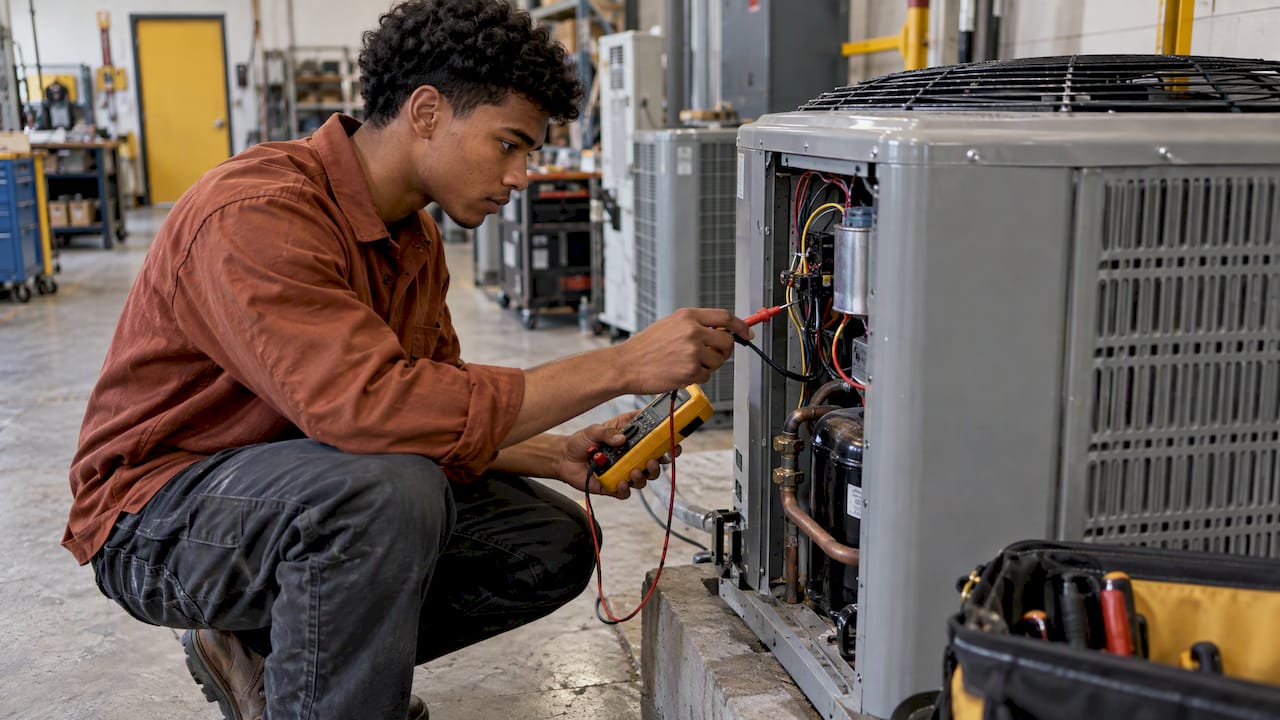 Trainee diagnosing a faulted HVAC unit