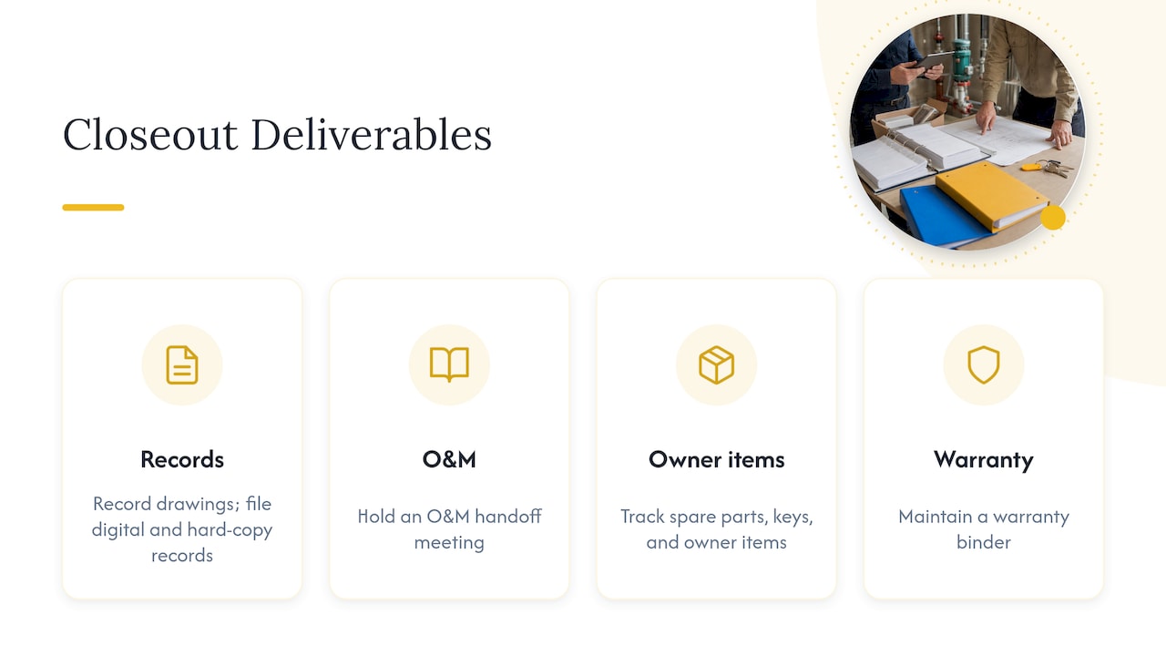 Commercial closeout records and handoff items